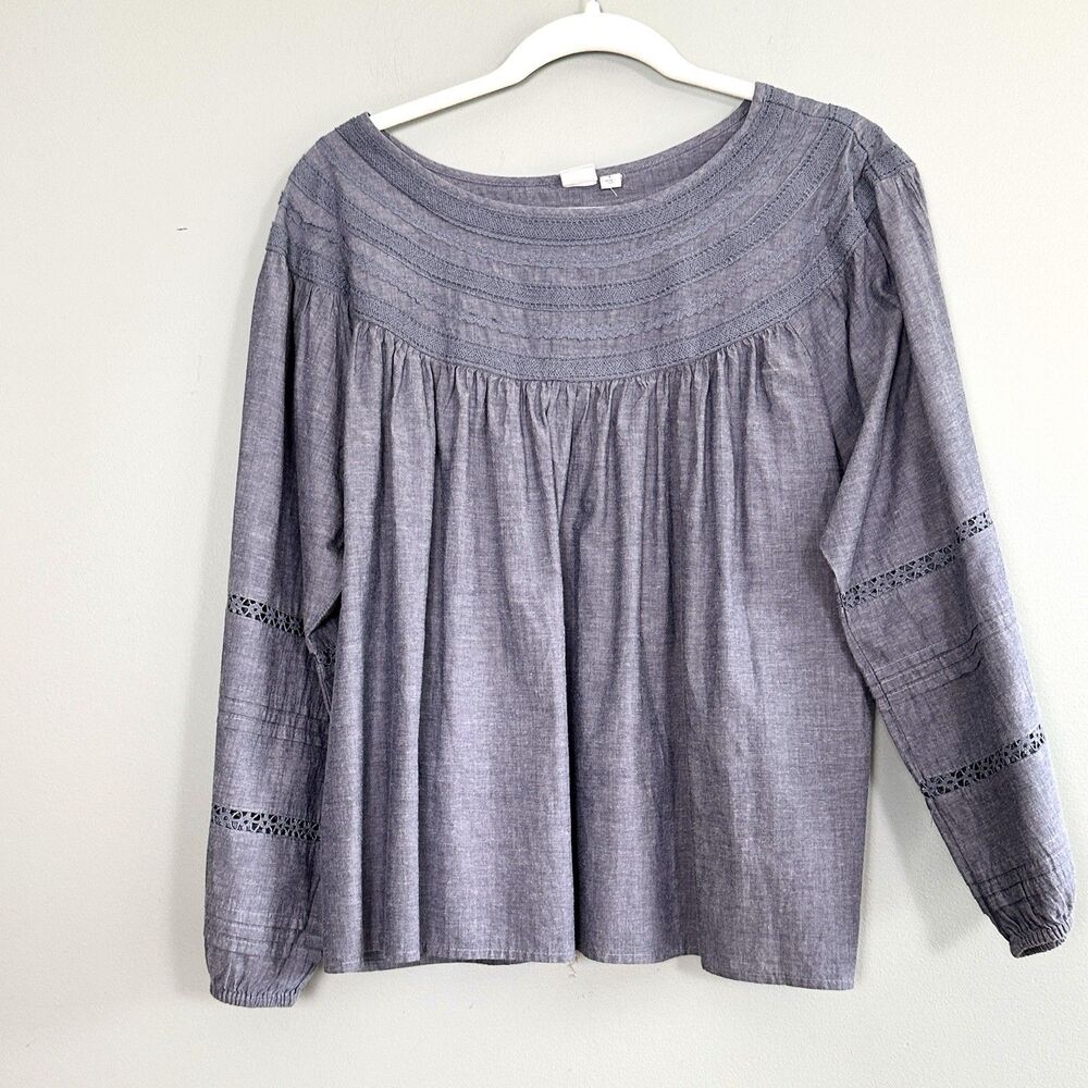 Gap Peasant Top Womens Large Blue Gray Cotton Lace Peasant Boho Chambray